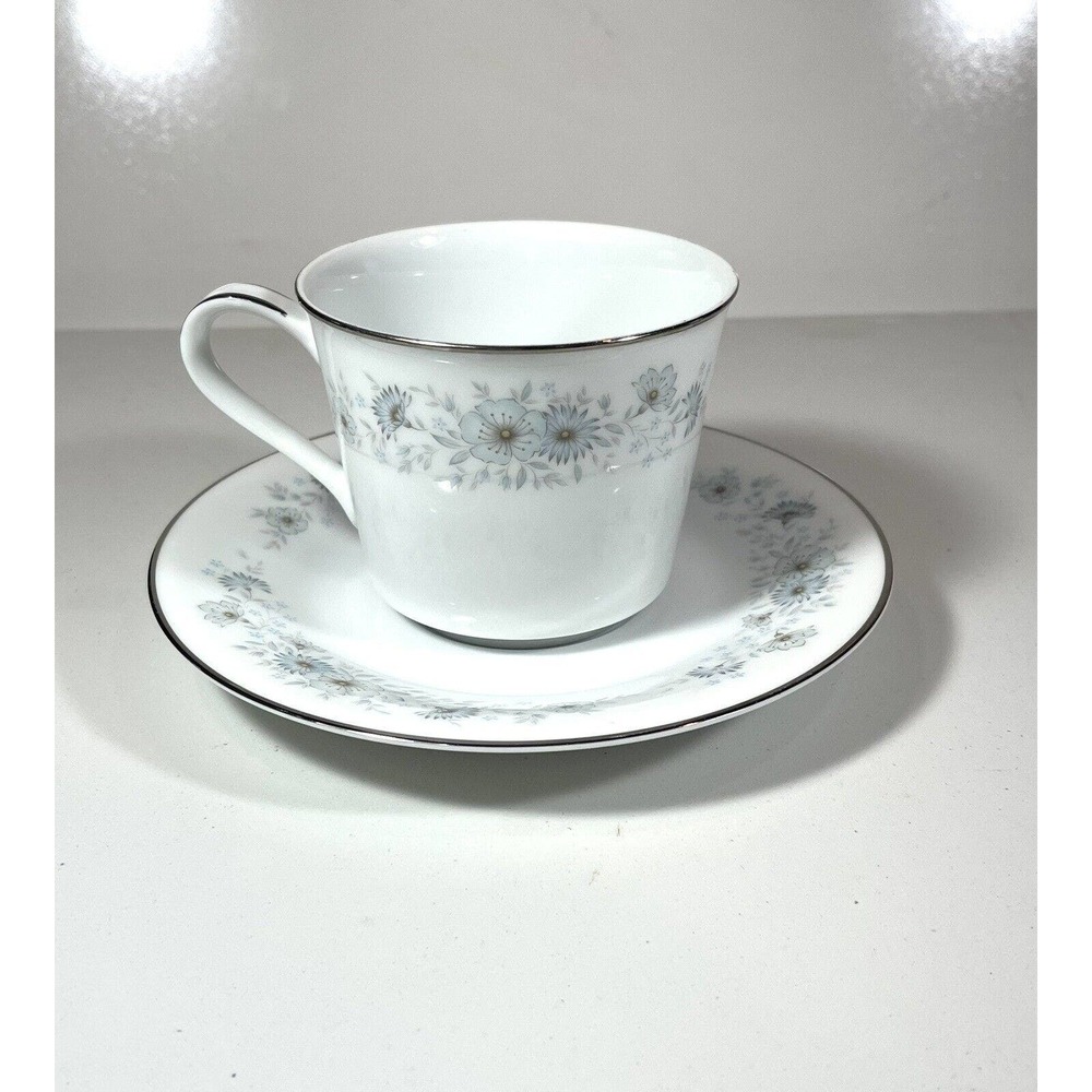 Noritake Japan Inverness Tea Coffee Flat Cup & Saucer 6716 Blue Flower Platinum